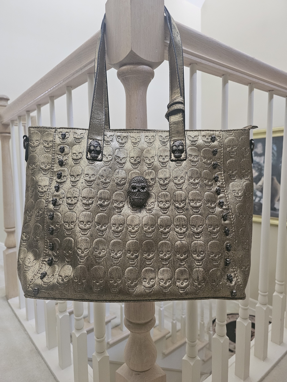 Skull-Embossed Metallic Tote Bag - Gold